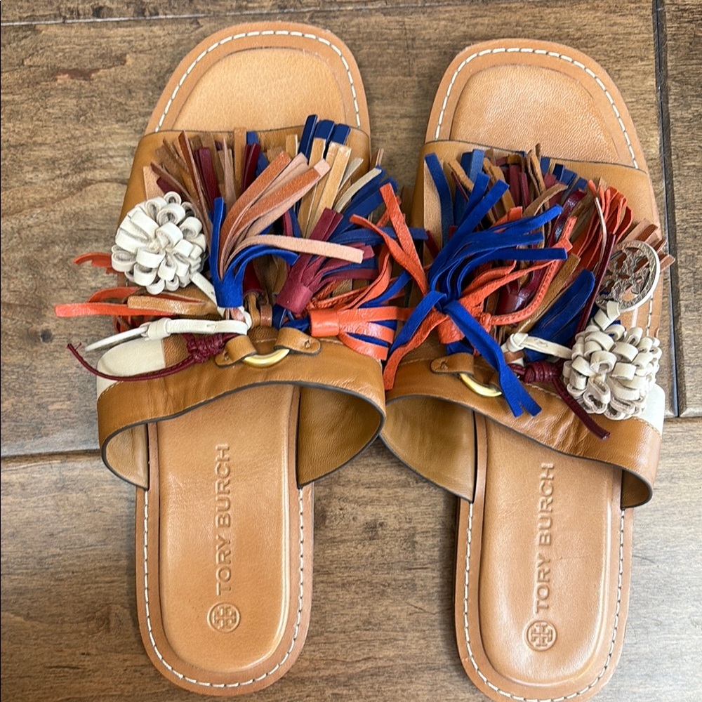 Tory Burch Brown Multicolor Fringe Slide Sandals